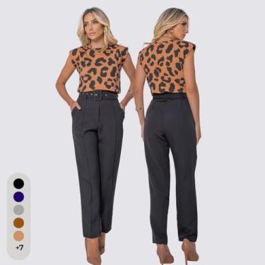 Imagem de Calça Feminina Clochard Alfaiataria Com Cinto Forrado - Toque, Preto, 