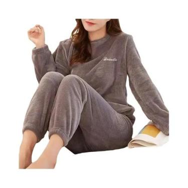 Imagem de Conjunto De Pijama Feminino De Veludo Quente Com Blusa Solta E Calças 