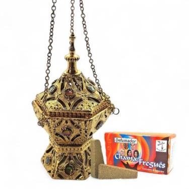 Imagem de Kit Turíbulo Divino Metal Dourado Defumador C/ 20 Tabletes - flash