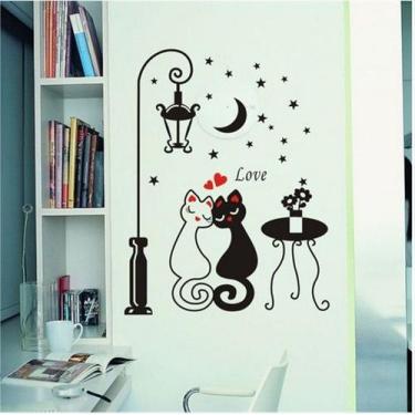 Imagem de Painel Adesivo Gatos no Encontro Noturno Poste de Iluminação e Estrela