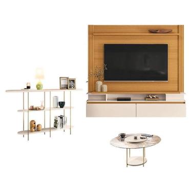 Imagem de Home Suspenso Cinamomo Off White E Mesa De Centro Com Tampo De Vidro E Aparador Off White-Hb Móveis