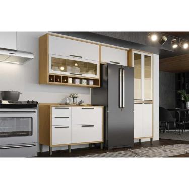 Imagem de Cozinha Completa Modulada Syrah C4P232 4 Portas 3 Gavetas MDF 195CM Amêndoa, Branco com...