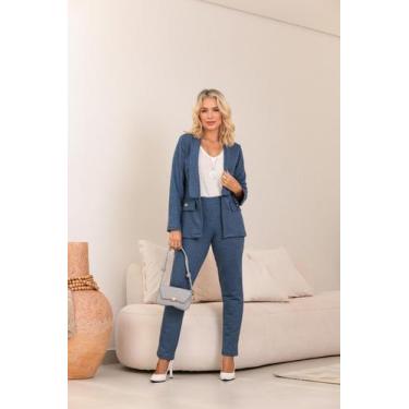 Imagem de Conjunto calça e blazer Feminino em Moletom Milu, Cor jeans, GG