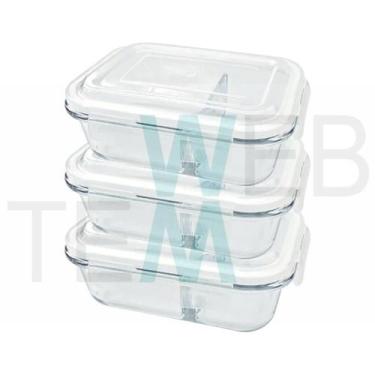 Imagem de Kit 3 Potes Hermético Marmita de Vidro Retangular Com Divisória 1010ml