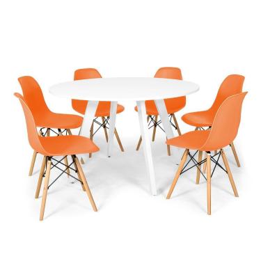 Imagem de Conjunto Mesa de Jantar Redonda Amanda Branca 120cm com 6 Cadeiras Eames Eiffel - Laranja