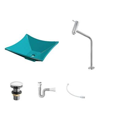 Imagem de Kit Cuba L30 C/Torneira Link 1062 Metal + Válvula Click 1 1/2'' (4,0cm) + Sifão Pvc + Flexível Azul Turquesa