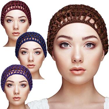 Imagem de Geyoga 4 peças malha crochê rede de cabelo raiom malha snood chapéu grosso curto feminino hairnet Snoods capa ornamento para dormir, Roxo, azul marinho, vinho, marrom, M