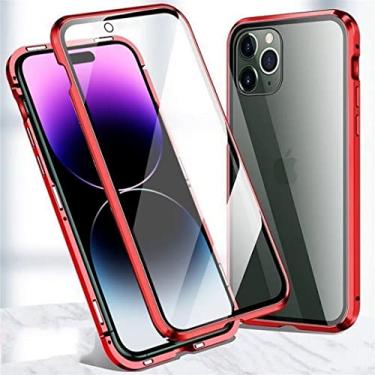 Imagem de MOESOE Compatível com capa para iPhone 14 Pro MAX, protetor de tela de vidro temperado para capa transparente 360 cobertura total do corpo liga de alumínio capa protetora para telefone - vermelha