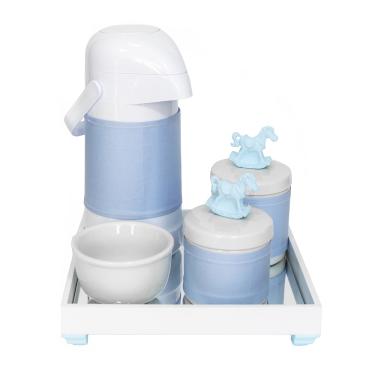Imagem de Kit Higiene Espelho Potes, Garrafa, Molhadeira e Capa Cavalinho Azul Quarto Bebê Menino