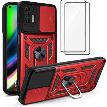 Imagem de Capa para Motorola Moto G30 Capinha | com 2 protetores de tela temperados, janela deslizante de proteção da câmera integrada e suporte para telefone - Vermelho