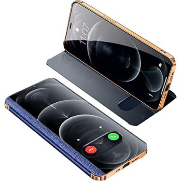 Imagem de KOSSMA Capa de couro para iPhone 12/12Pro 6,1 polegadas, capa de proteção à prova de choque com flip de couro genuíno ultra fino retrô com suporte (cor: azul, tamanho: 12Pro)