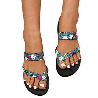 Imagem de Sandálias de amarrar para mulheres, rasteiras, floral, chinelos de praia, chinelos modernos, chinelos de fundo grosso, Azul, 8