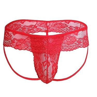 Imagem de SINMIUANIME Men's lace Anime Panties Three Point Underwear Sheer Mesh Bikini Briefs T-back G-string Panty Sexy (YS2Red, XL)