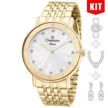 Imagem de Relógio CHAMPION KIT feminino branco dourado strass CN29703W