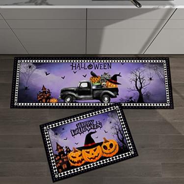 Imagem de Conjunto de 2 tapetes de cozinha Happy Halloween Jack-o'-Lanterns Pumpkin Castle Bat Web Preto Roxo para Tapetes e Tapetes Acolchoados Antiderrapante Antiderrapante Tapete de Pé Confortável