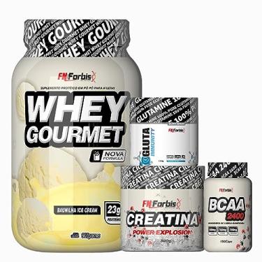 Imagem de Whey Protein Gourmet Pote 907g + Creatina 300g + Glutamina 150g + BCAA 100 caps - FN Forbis Nutrition (Baunilha Ice Cream)