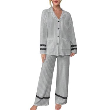 Imagem de WDIRARA Conjunto de pijama feminino de 2 peças de malha canelada de renda manga longa botão frontal camisa e calça de dormir, Cinza, G