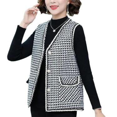 Imagem de KANG POWER Primavera outono vestindo colete xadrez feminino de meia-idade colete curto jaqueta sem mangas casaco tops, Triângulo, preto e branco, P