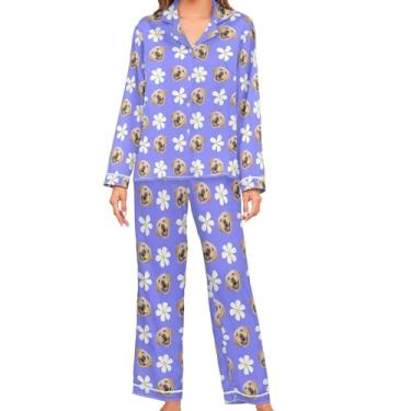 Imagem de JUNZAN Conjunto de pijama feminino de cetim coral personalizado manga comprida pijama pijama feminino macio com botões, Roxa, G