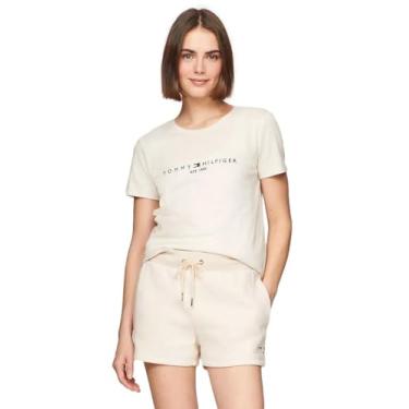 Imagem de Tommy Hilfiger Camiseta feminina de algodão de desempenho – Camisetas estampadas leves, Logotipo bordado bege mesclado, PP