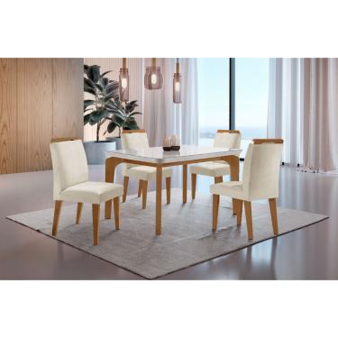 Imagem de Conjunto Sala de Jantar Mesa Liz 120cm com Vidro Canto Copo e 4 Cadeiras Athenas Moderna - Veludo Creme/Off White/Imbuia/Serig. Off