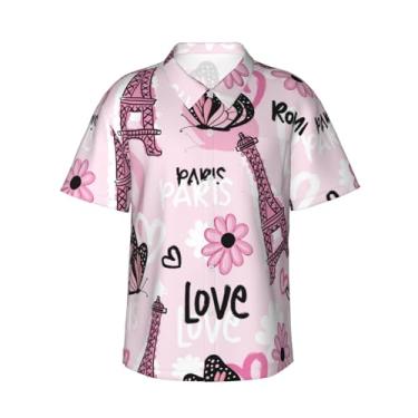 Imagem de Xiso Ver Camisa havaiana masculina manga curta casual camisa de praia casual de botão para festa de verão na praia, Torre Eiffel e borboletas, M