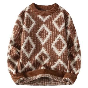 Imagem de BoShiNuo Suéter masculino de malha quente grosso de inverno suéter de Natal Argyle pulôver manga longa gola redonda suéter masculino, Marrom, X-Large