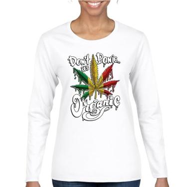 Imagem de Camiseta feminina de manga comprida Don't Panic It's Organic 420 Weed Pot Leaf Smoking Marijuana Legalize Cannabis Stoner Pothead, Branco, G