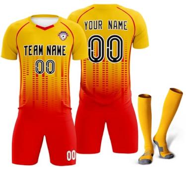 Imagem de Camisa de futebol personalizada uniforme de treino de futebol impresso logotipo com número de nome para crianças adultas, Amarelo, vermelho e preto 73, One Size