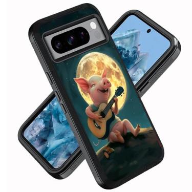 Imagem de ZXHSBROK Capa para celular Google Pixel 8 Pro, 3 camadas resistentes à prova de choque de grau militar para Google Pixel 8 Pro (6,7 polegadas, 2023), Piggy Plays Guitar Under The Moon
