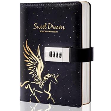 Imagem de CAGIE Diário com cadeado de unicórnio, agenda, agenda, agenda, capa dura, presente para crianças, meninas, meninos, mulheres, 18 x 13 cm, unicórnio dourado