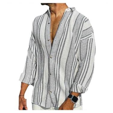 Imagem de Camisa masculina casual com estampa de espinha de peixe, caimento solto, manga comprida, gola larga e ombro caído, Cor 1, M