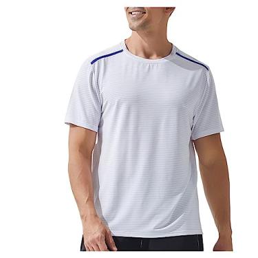 Imagem de Camiseta masculina atlética manga curta solta de secagem rápida listrada camiseta elástica 4 vias lisa academia, Branco, XXG
