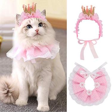 Imagem de Legendog Bandana de gato para gatos, fantasias de gato de princesa para gatos, bandanas de cachorro de renda fofas e acessórios de coroa de gato para gatos cães pequenos, roupa rosa para festa de aniv