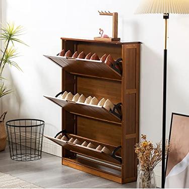 Imagem de Móveis decorativos de entrada de fazenda, armário de sapatos de bambu natural, armazenamento de sapatos oculto, organizador de sapatos de armário de entrada rústico com porta-sapatos criativo - três