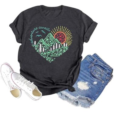 Imagem de Camiseta feminina Sunset Pine Tree, estampa retrô, estampa de sol, casual, manga curta, F 01 - cinza, M