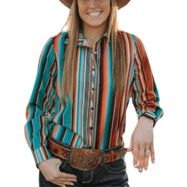 Imagem de ChiyeeKiss Blusa feminina com botões de lapela com botões de pérola asteca Rodeo Western Show Túnica de manga comprida cowgirl, Arco-íris, M