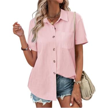 Imagem de Zeagoo Camisetas femininas com botões coloridas, manga curta, algodão, linho, blusas casuais de verão, rosa, XXG
