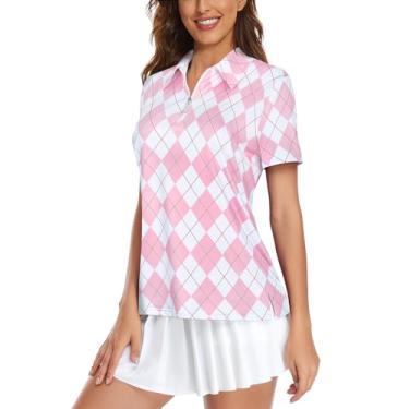 Imagem de Viracy Camisa de golfe feminina UPF50+ proteção solar manga curta 1/4 zíper polo treino tops secagem rápida absorção de umidade, Xadrez rosa, XXG