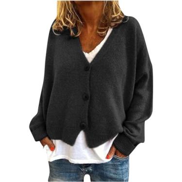 Imagem de LUZBOSE Suéter feminino cardigã feminino gola V manga longa casual cor sólida suéter solto colete de malha pulôver adequado para mulheres e meninas modernas (M, preto)