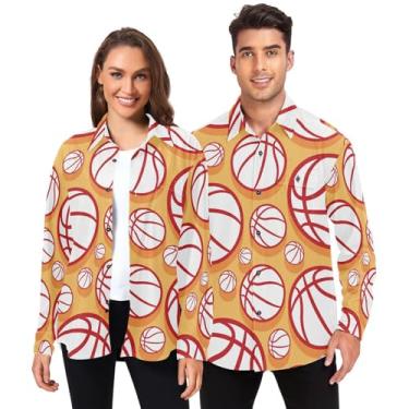 Imagem de Camisas masculinas de botão de manga comprida para mulheres gola com bolsos esportes basquete vermelho laranja, Esportes basquete vermelho laranja, G