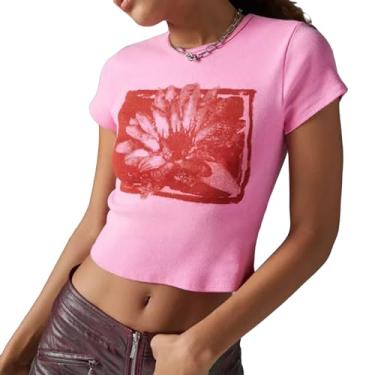 Imagem de Camisetas estampadas de bebê para mulheres adolescentes Y2k estampa floral vintage anos 90 camisetas grunge camisetas de verão, Flor retrô rosa vermelha, M
