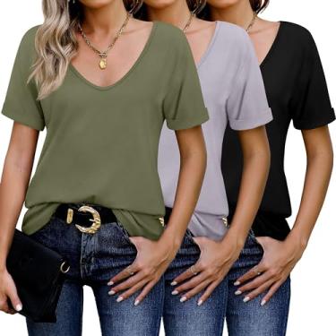 Imagem de Riyiper Pacote com 3 camisetas femininas com gola V, manga enrolada, lisa, casual, folgada, leve, básica, macia, Preto, cinza claro, verde exército, GG