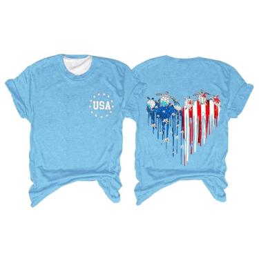 Imagem de Camiseta feminina bandeira americana 4th of July Shirts Stars Stripes Heart Graphic Túnica manga curta camiseta patriótica, Azul-celeste, G