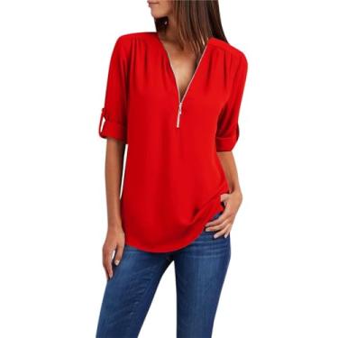 Imagem de Camisetas femininas de manga curta enroladas com zíper e gola V, blusas femininas de chiffon cor sólida casual de verão blusas elegantes soltas, Vermelho, 4G