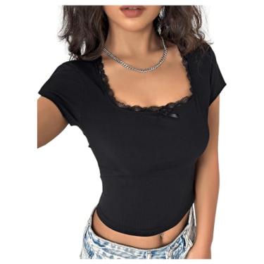Imagem de GORGLITTER Camiseta feminina cropped de renda com laço e gola quadrada, manga curta, malha canelada Y2K, Preto, G