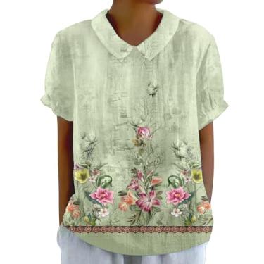 Imagem de Camisetas femininas de algodão e linho para o verão, gola redonda, caimento solto, túnica de manga curta, estampa floral, camisetas casuais, Bege, XXG