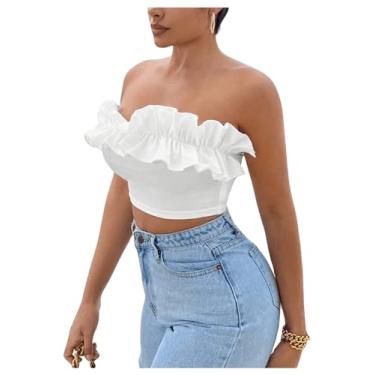 Imagem de WDIRARA Camiseta feminina de verão com babados e ombros de fora, caimento justo, sexy, Branco, G