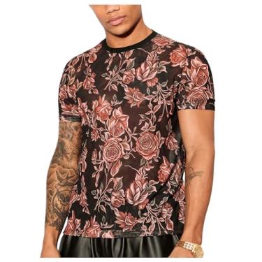 Imagem de SHENHE Camiseta masculina de malha com estampa floral, gola redonda, manga curta, transparente, festa noturna, Multicor, M