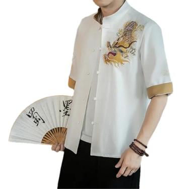 Imagem de Camisa masculina de manga curta bordada dragão dourado cor contrastante retrô gola alta trespassado camiseta casual, Branco, P